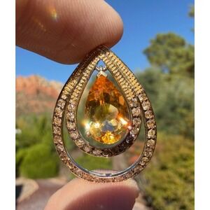 Vintage 14k Solid Gold Natural Citrine & Champiegn Diamond Teardrop Pendant